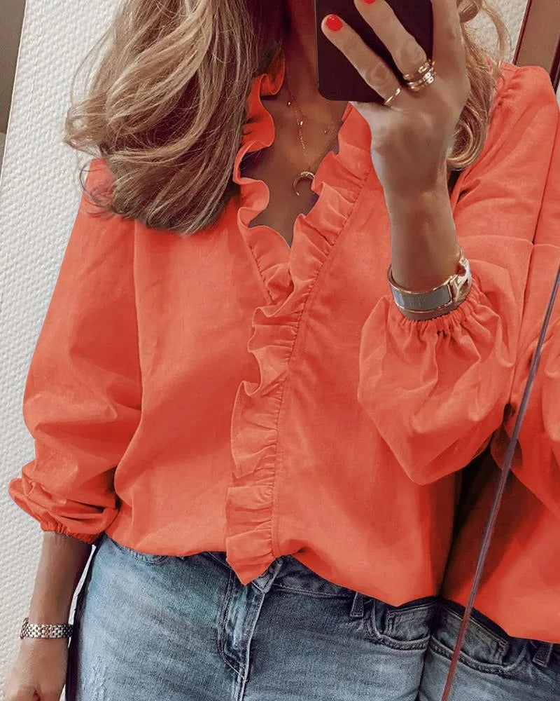 Dames V-hals Blouse Met Ruches