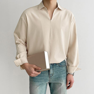 Heren Koreaanse Loose Fit Overhemd met Lange Mouw
