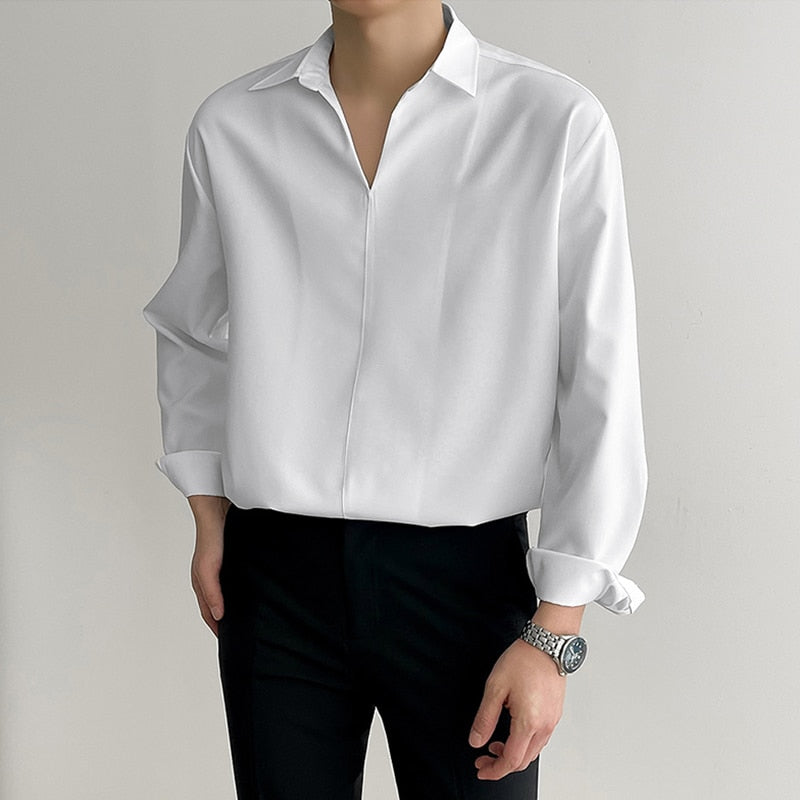 Heren Koreaanse Loose Fit Overhemd met Lange Mouw