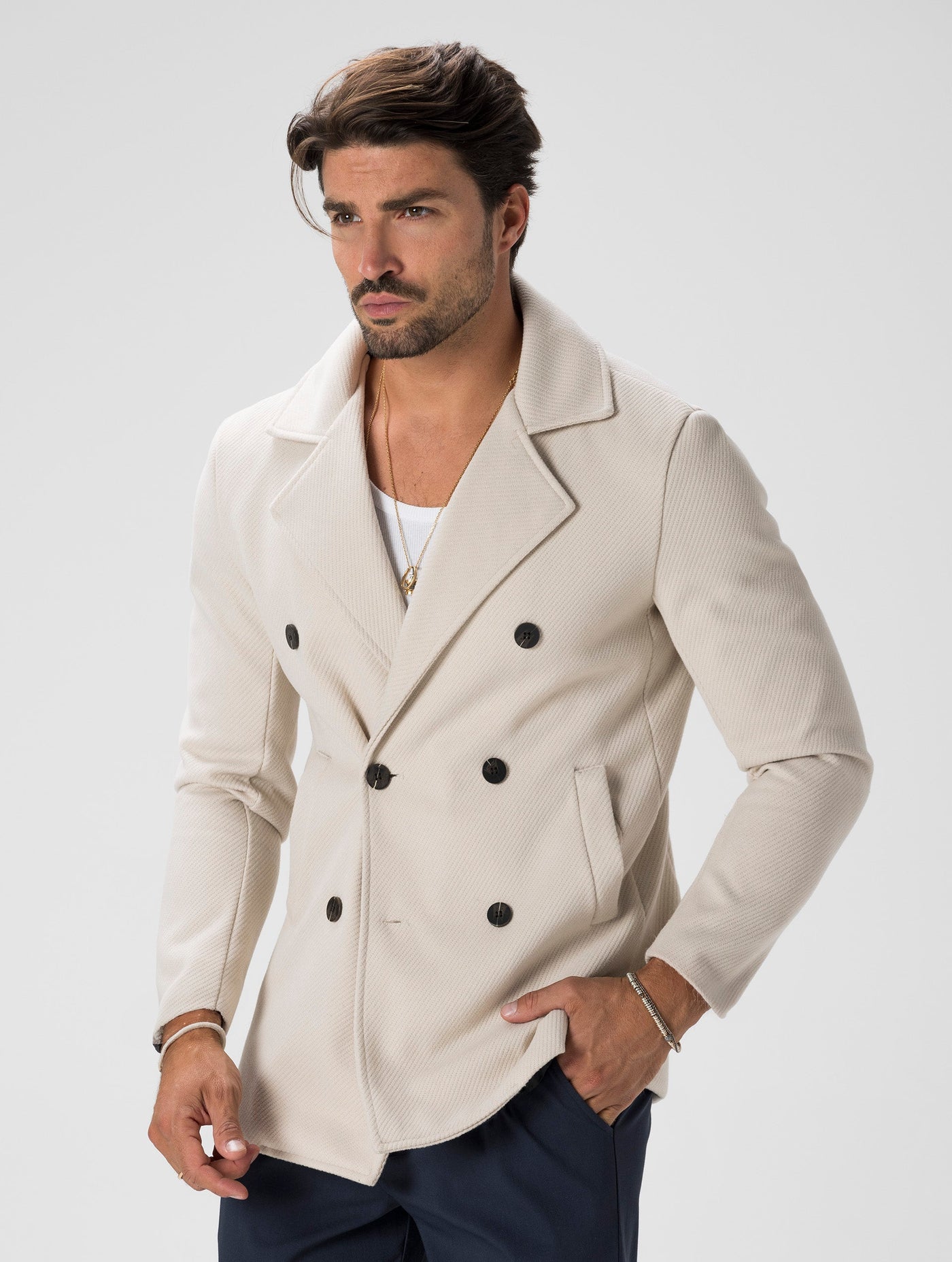 Heren Double-breasted Blazer Crème Elegant