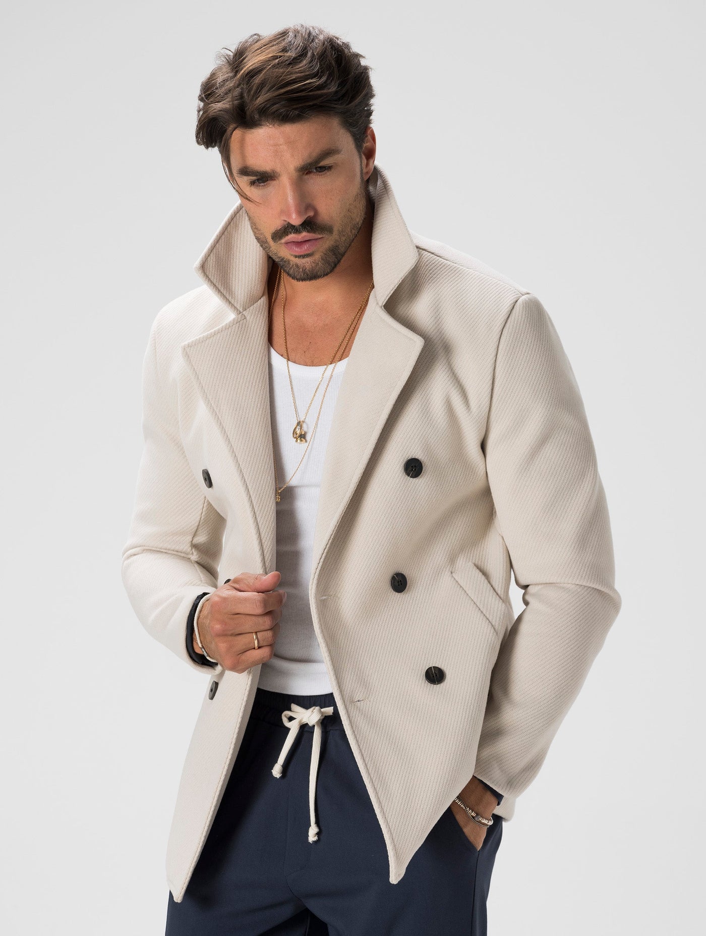 Heren Double-breasted Blazer Crème Elegant