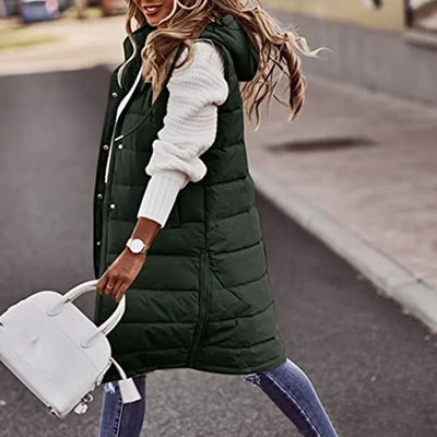 Dames Lang Gewatteerd Vest Met Capuchon