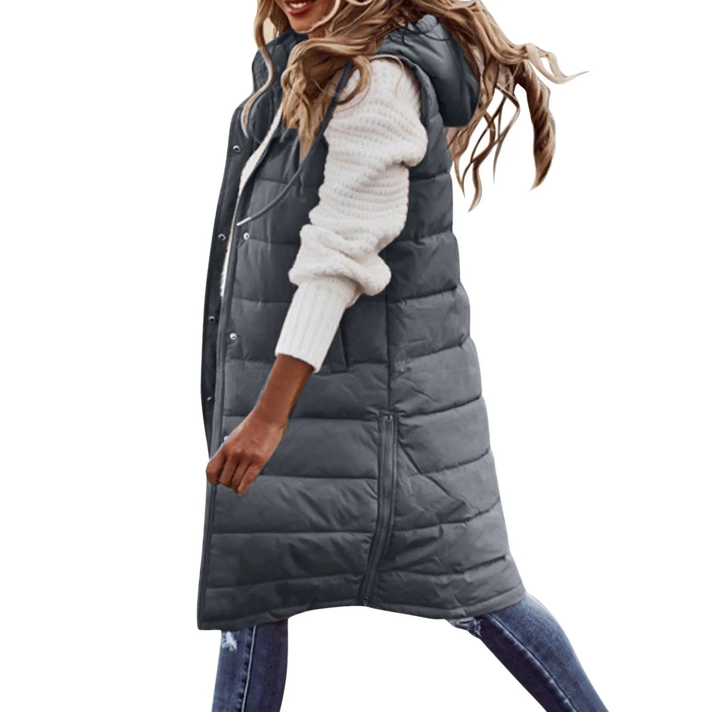 Dames Lang Gewatteerd Vest Met Capuchon