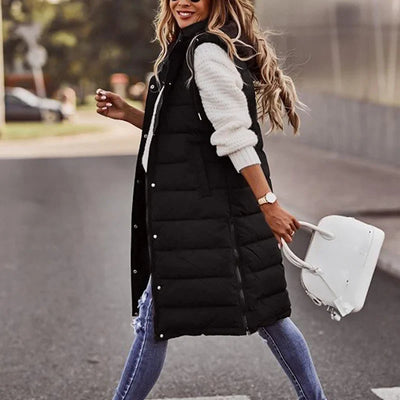Dames Lang Gewatteerd Vest Met Capuchon