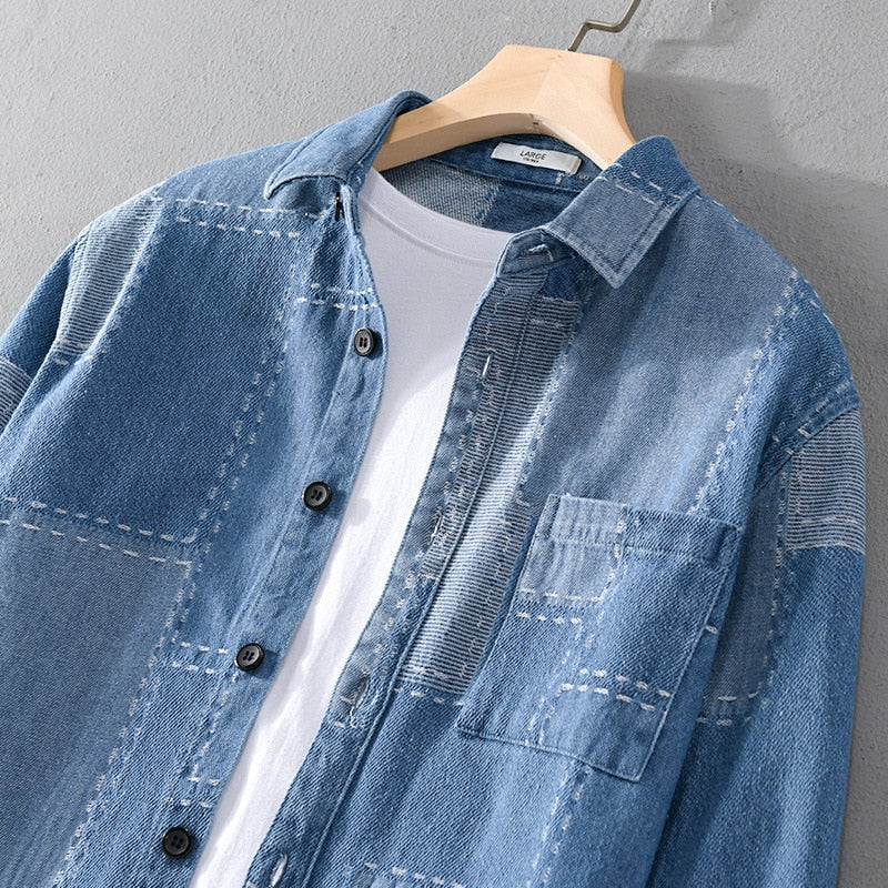 Heren Patchwork Denim Overhemd