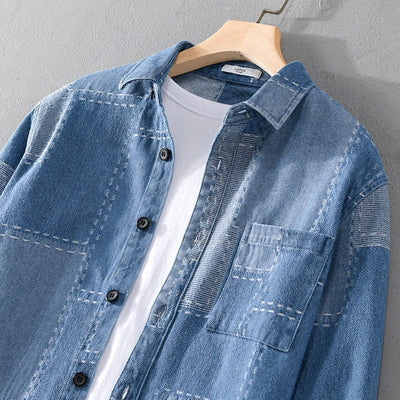 Heren Patchwork Denim Overhemd