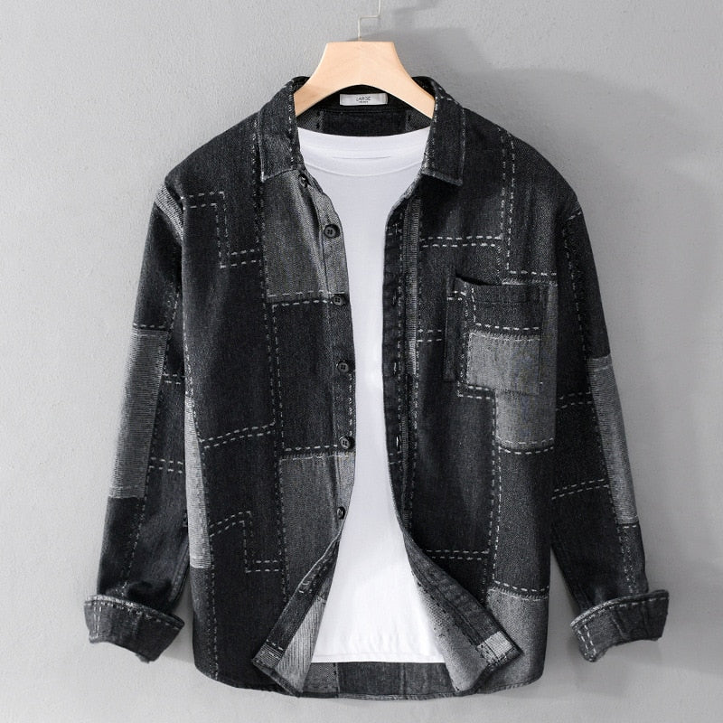 Heren Patchwork Denim Overhemd