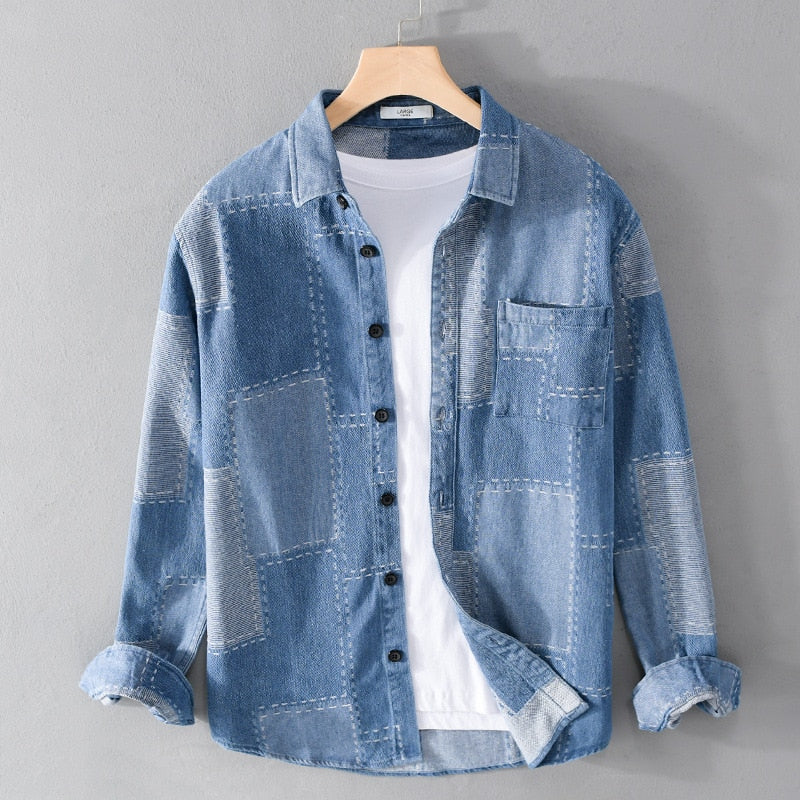 Heren Patchwork Denim Overhemd