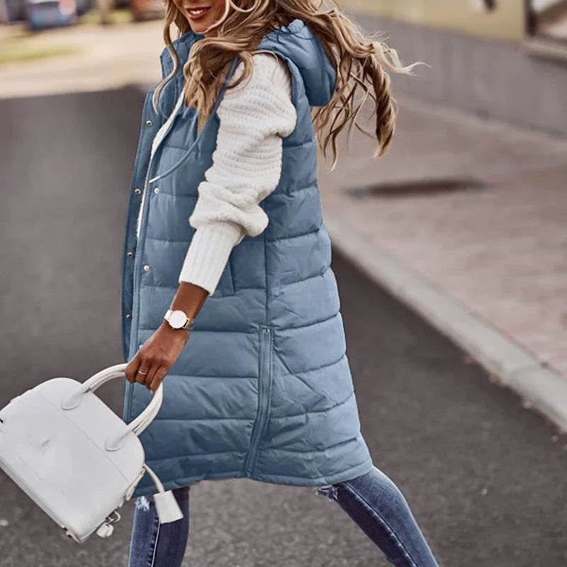 Dames Lang Gewatteerd Vest Met Capuchon
