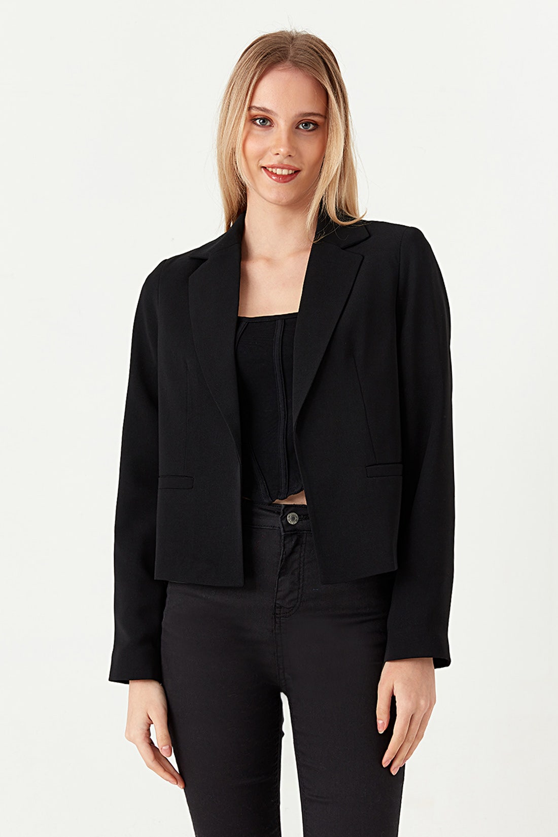 Dames korte jacket met textuur zwart